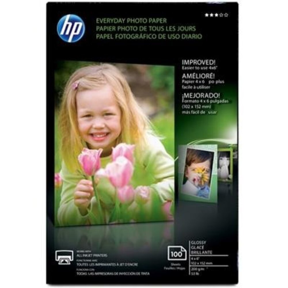 HP Everyday Photo Paper, Glossy, 52 Lb, 4 X 6 in. (101 X 152 Mm), 100 Sheets